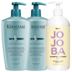 Kérastase Resistance Bain Force Architecte Bundle 2 X 500 Ml + Basler Jojoba Shampoo & Shower 500 Ml Gratis